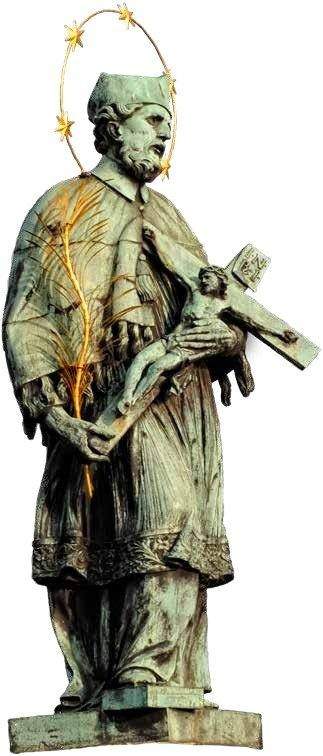 St. Nepomuk, Statue aus dem 18. Jahrhundert. Als einziger Heiliger außer Maria wird er mit einem Sternenkranz dargestellt.